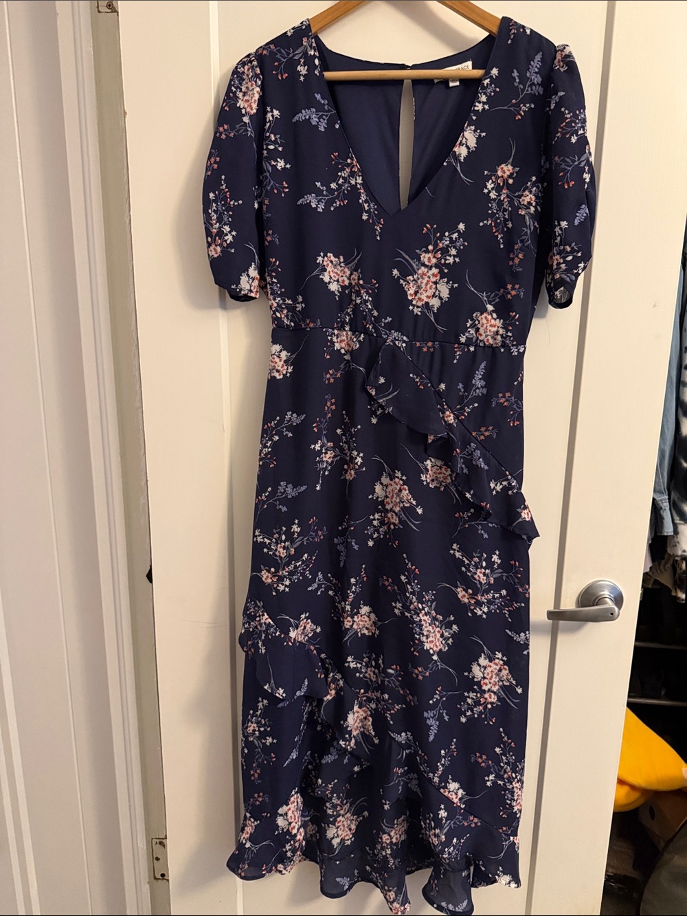 Navy Floral V-Neck Ruffle Wrap Midi Dress
